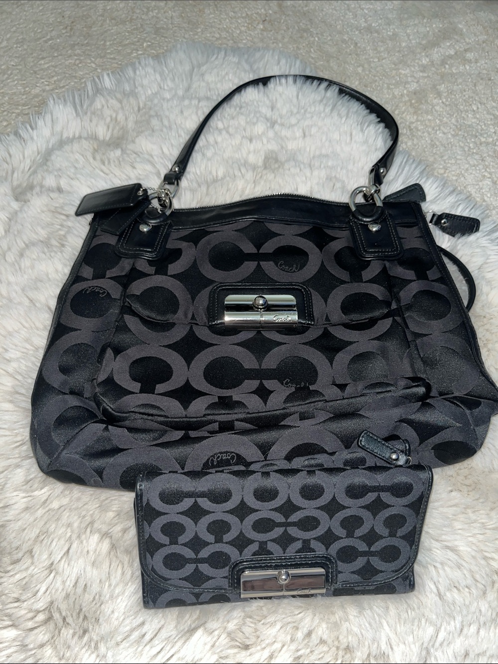 Coach Black Signature C Monogram Shoulder Bag with Matching Wallet Set